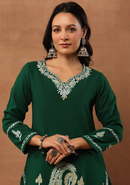 Emerald Green  Embroidered Woolen Kurta