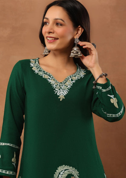 Emerald Green  Embroidered Woolen Kurta
