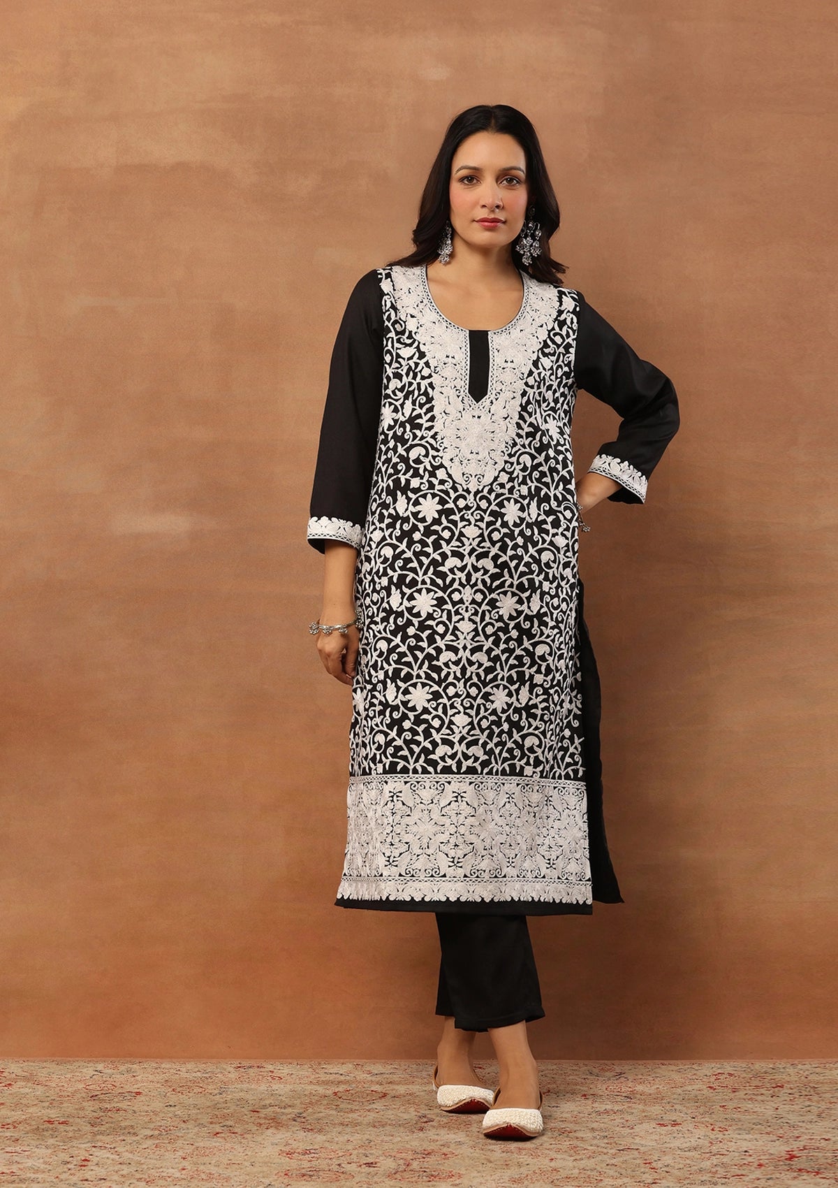 Black 3pcs Embroidered Woolen Kurta with shawl