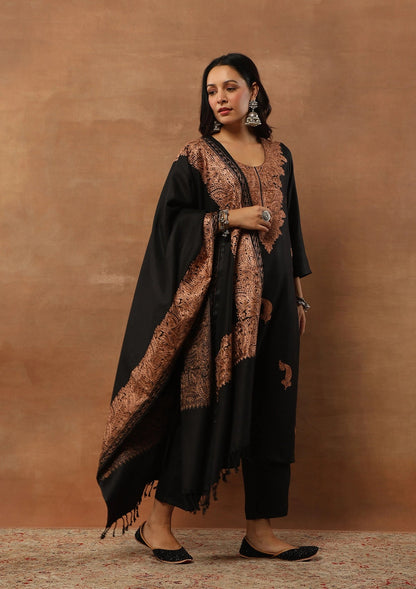 Black & Rust 3pcs Embroidered Woolen Kurta with shawl