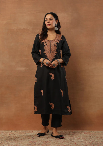 Black & Rust 3pcs Embroidered Woolen Kurta with shawl