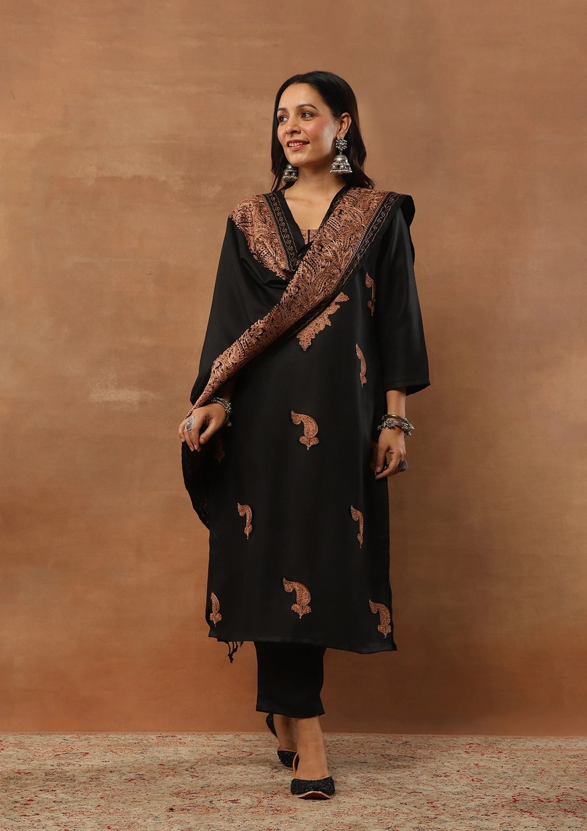 Black & Rust 3pcs Embroidered Woolen Kurta with shawl
