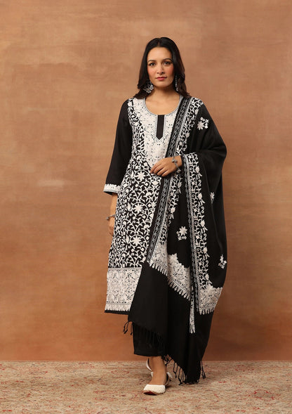 Black 3pcs Embroidered Woolen Kurta with shawl