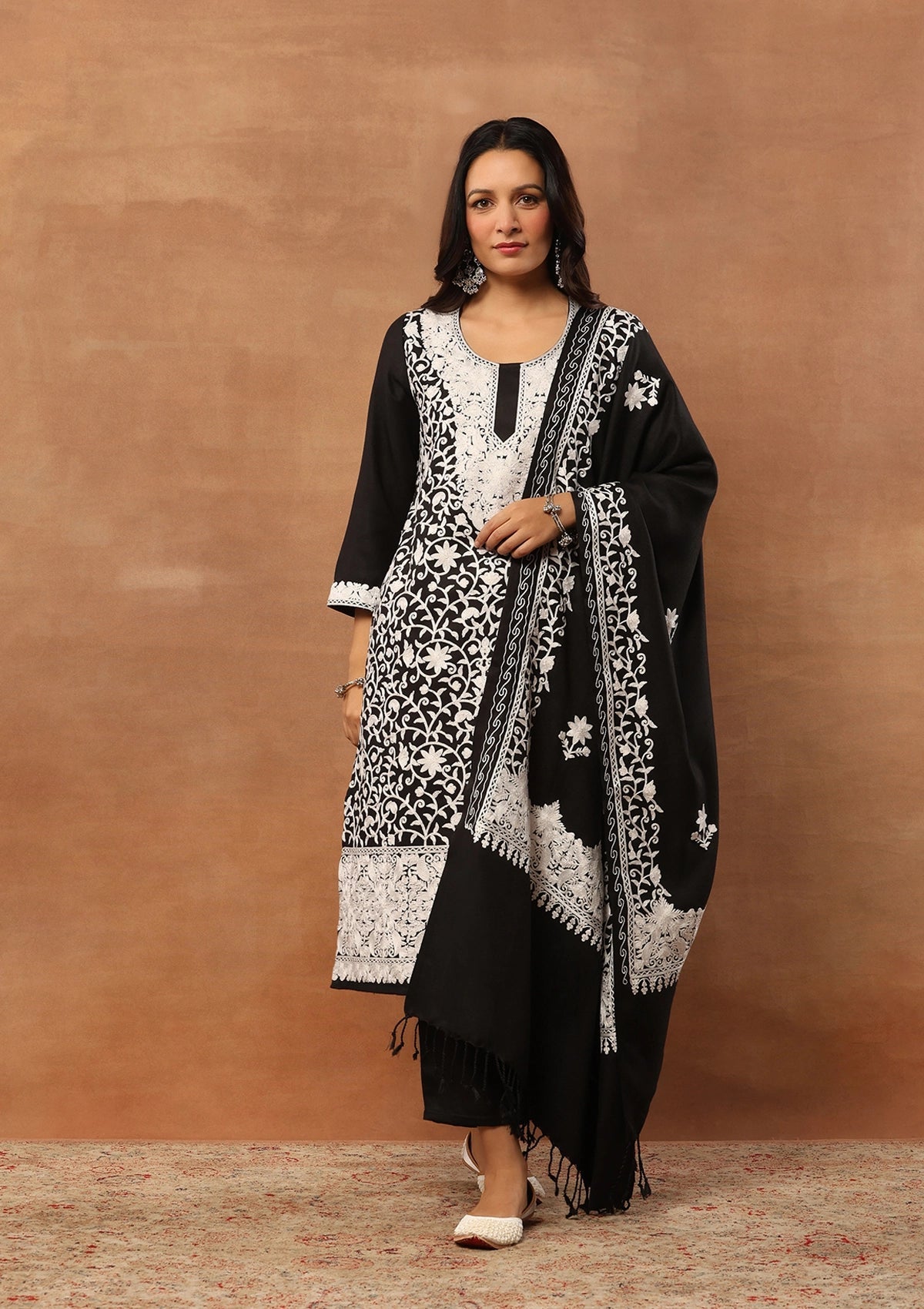Black 3pcs Embroidered Woolen Kurta with shawl