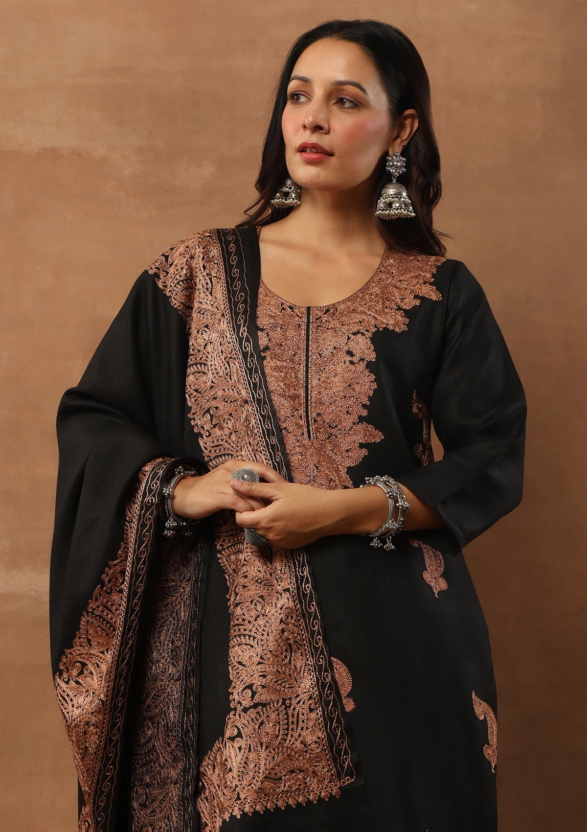 Black & Rust 3pcs Embroidered Woolen Kurta with shawl