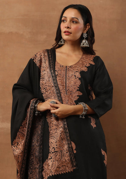 Black & Rust 3pcs Embroidered Woolen Kurta with shawl