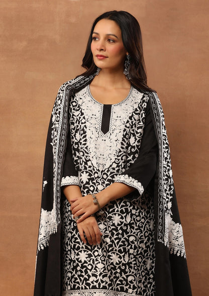 Black 3pcs Embroidered Woolen Kurta with shawl