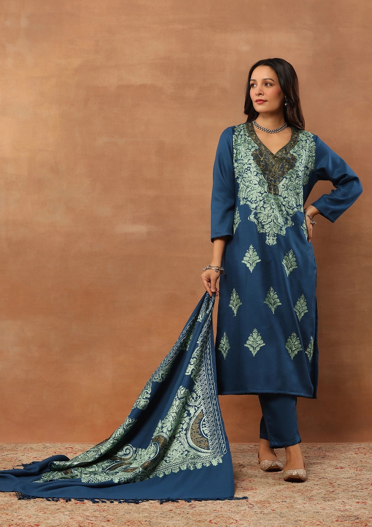 Blue 3pcs Embroidered Woolen Kurta with shawl