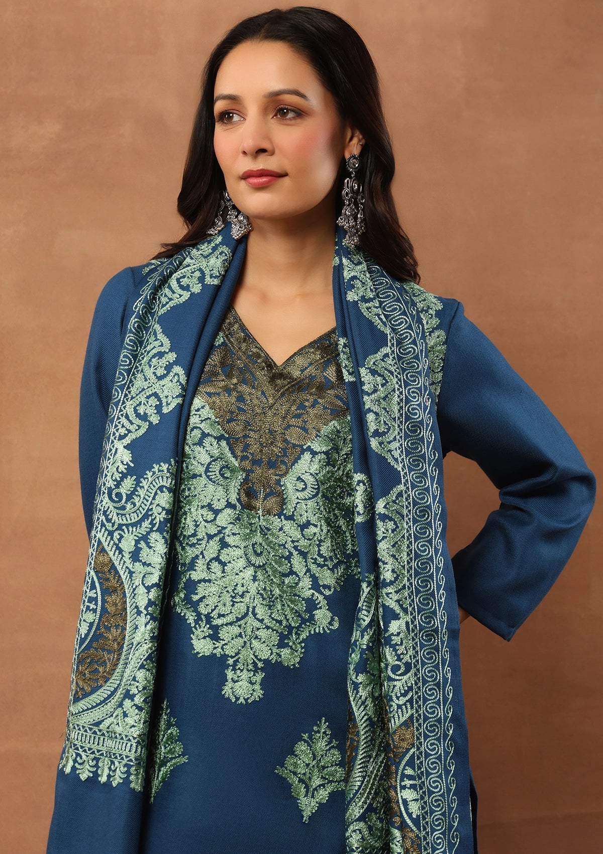Blue 3pcs Embroidered Woolen Kurta with shawl