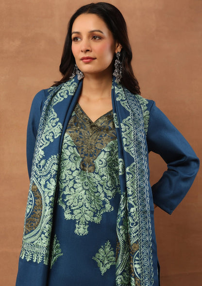 Blue 3pcs Embroidered Woolen Kurta with shawl
