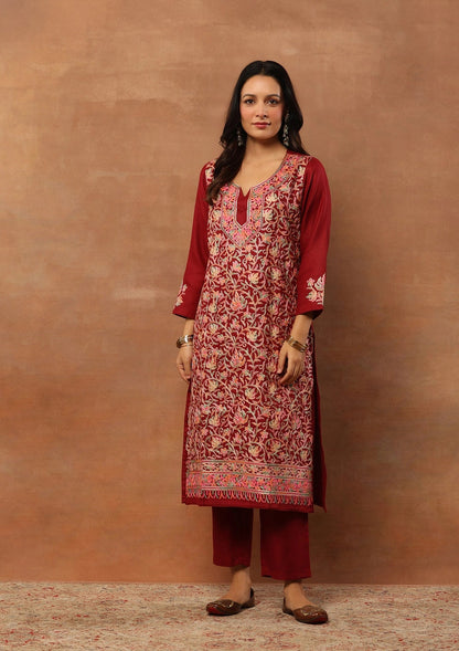 Rich Red 3pcs Embroidered Woolen Kurta with shawl -