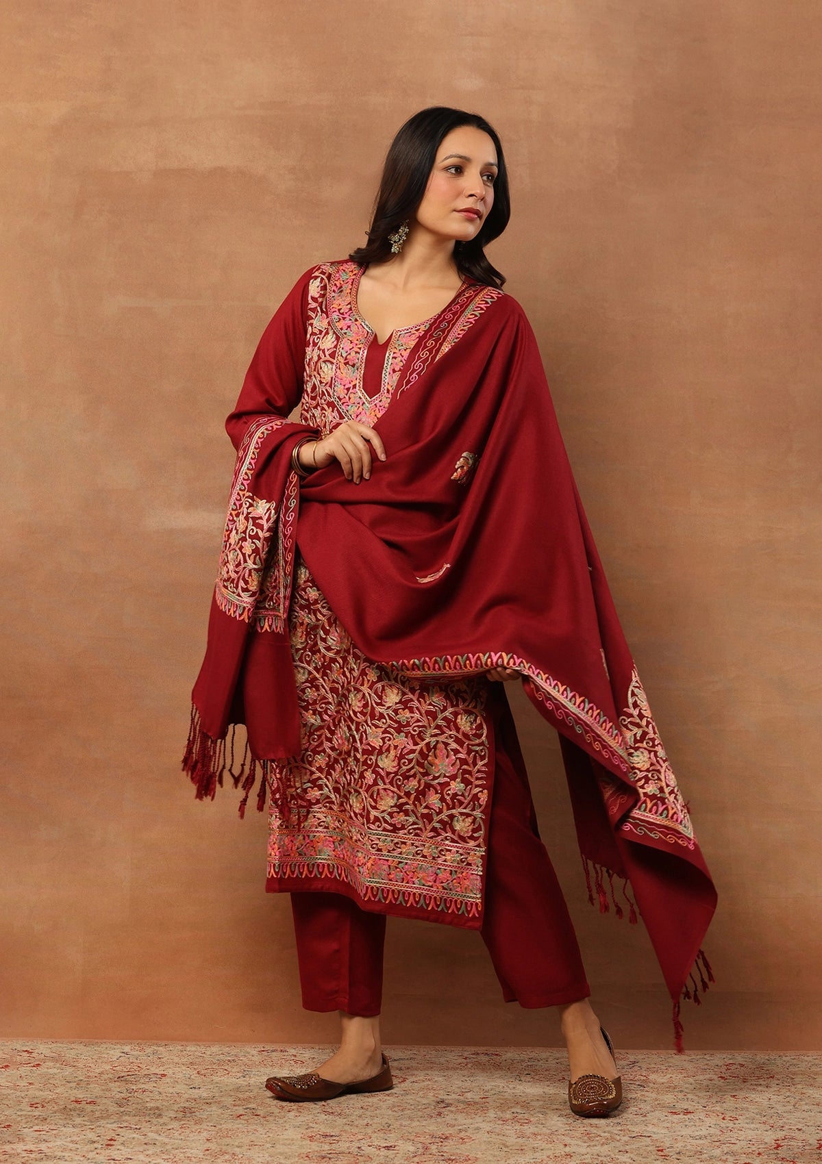 Rich Red 3pcs Embroidered Woolen Kurta with shawl -