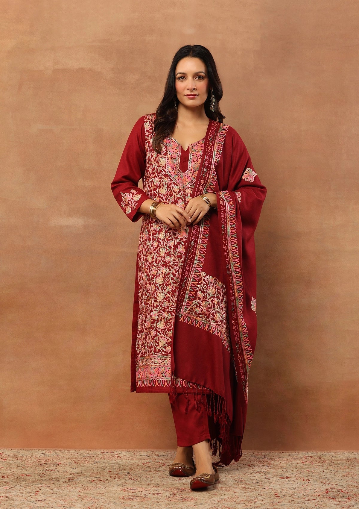 Rich Red 3pcs Embroidered Woolen Kurta with shawl -