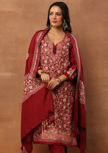 Rich Red 3pcs Embroidered Woolen Kurta with shawl -