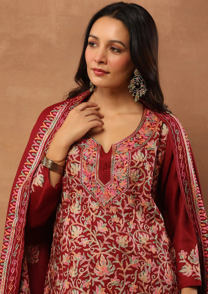 Rich Red 3pcs Embroidered Woolen Kurta with shawl -
