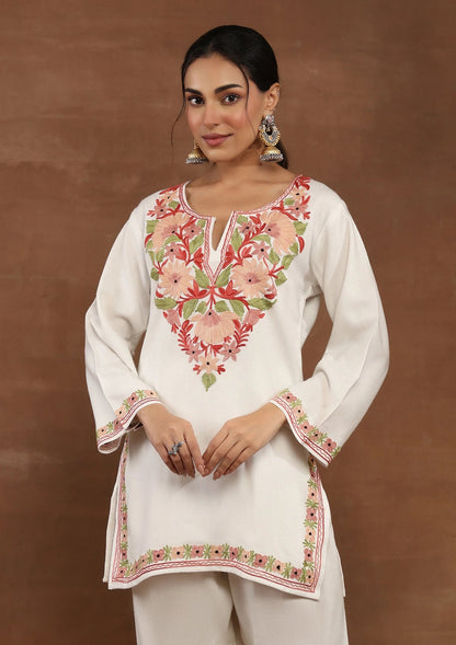 Off-White  Embroidered Woolen Kurta