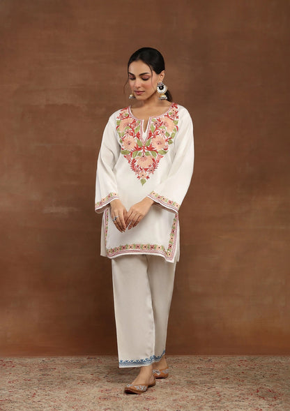 Off-White  Embroidered Woolen Kurta