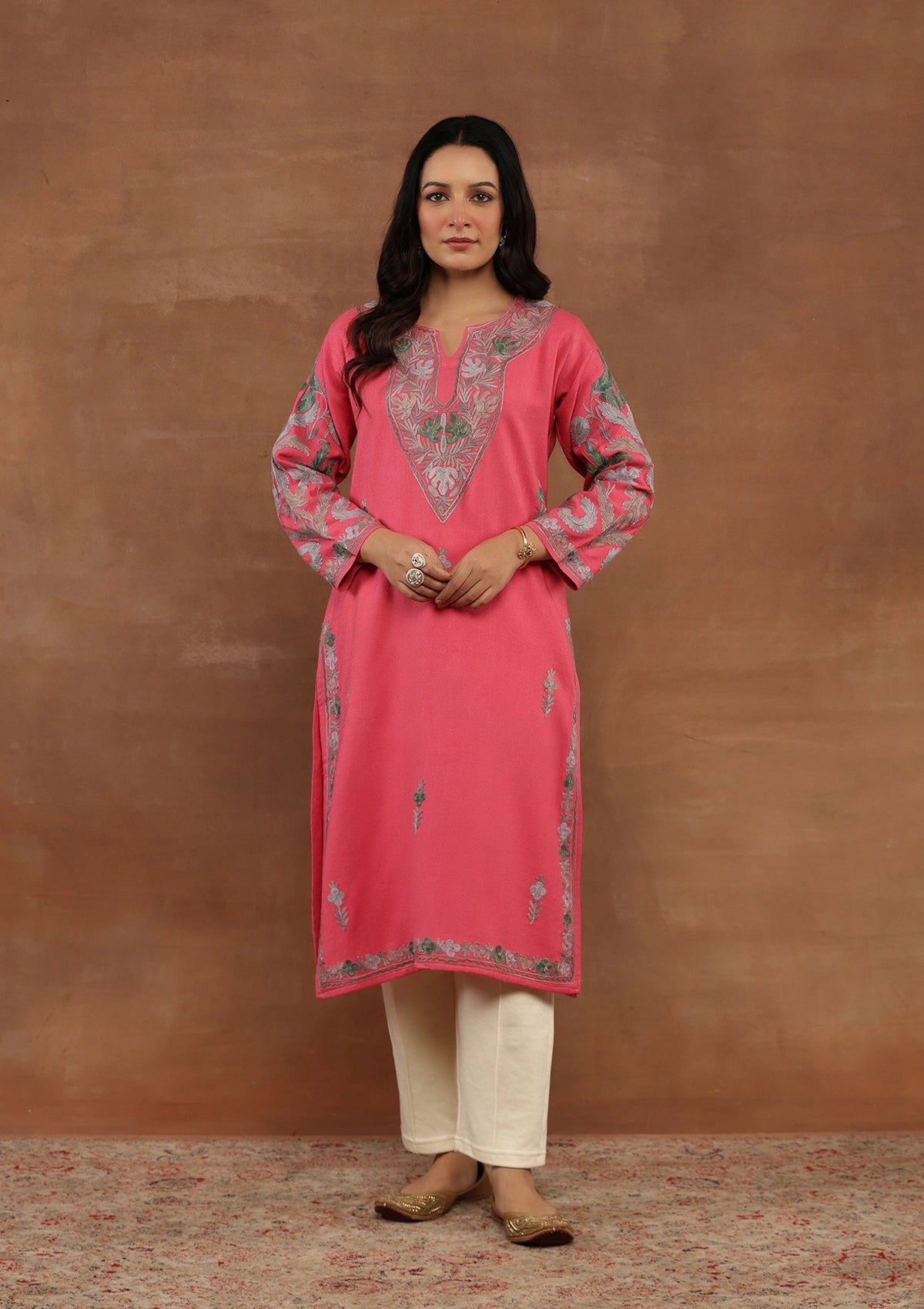Shocking Pink Embroidered Woolen Kurta