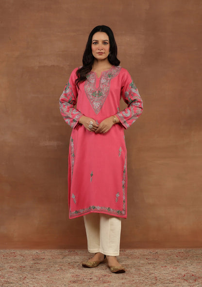 Shocking Pink Embroidered Woolen Kurta