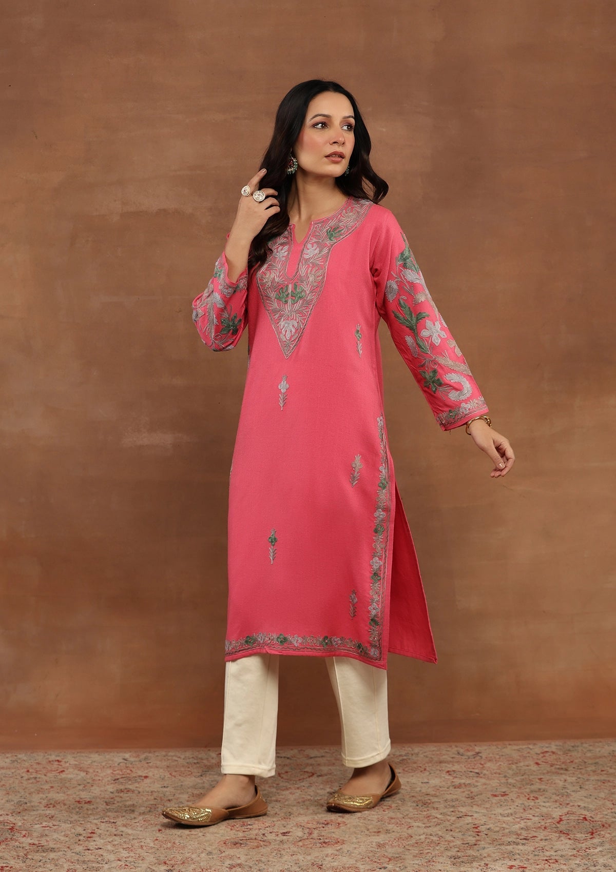 Shocking Pink Embroidered Woolen Kurta