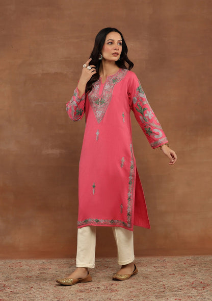 Shocking Pink Embroidered Woolen Kurta