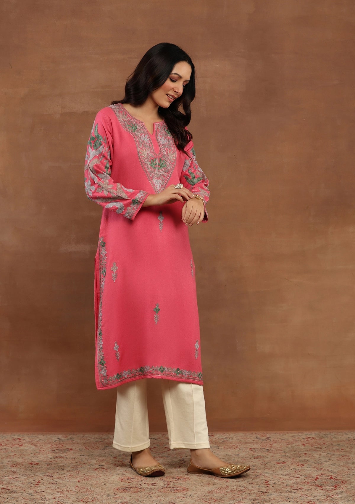 Shocking Pink Embroidered Woolen Kurta