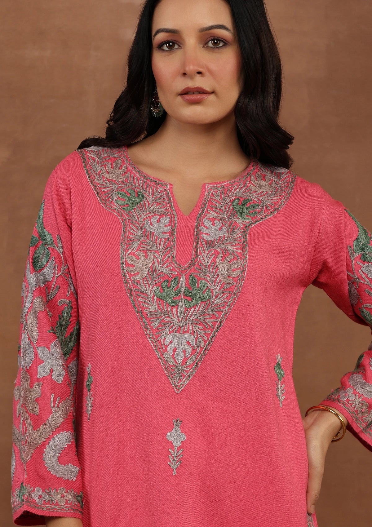 Shocking Pink Embroidered Woolen Kurta
