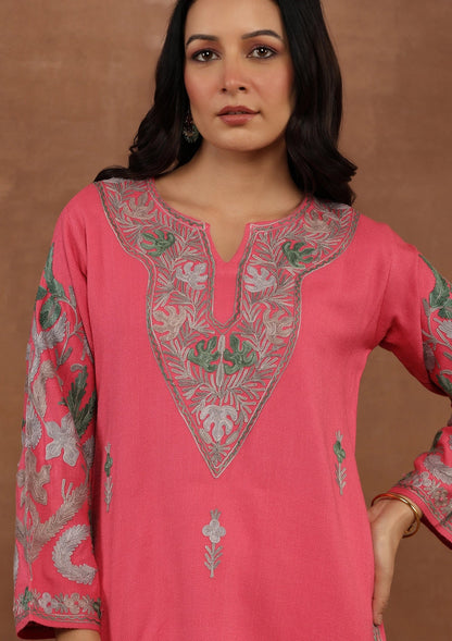 Shocking Pink Embroidered Woolen Kurta