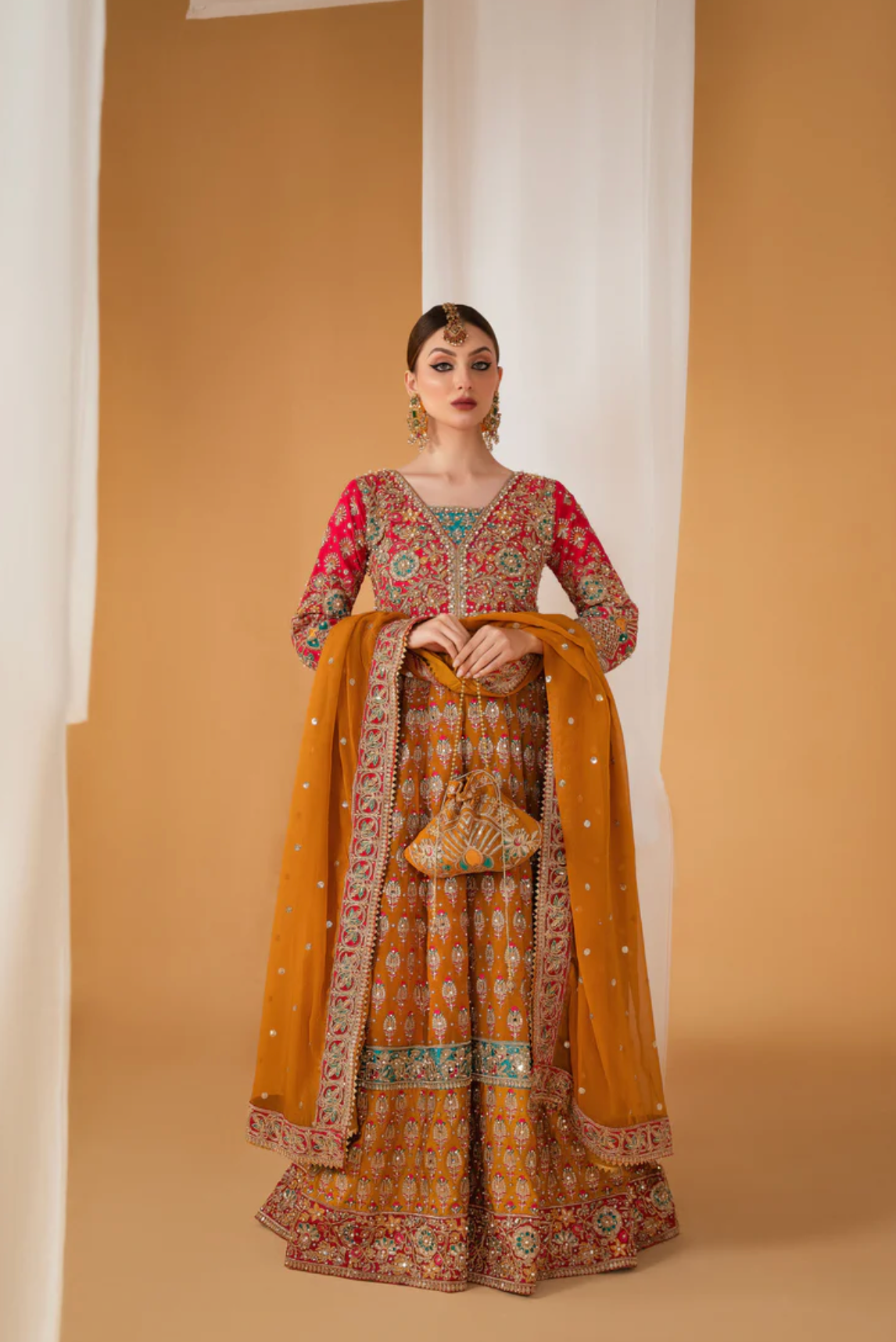 Shocking Pink and Orange Long Dress 4pc suit