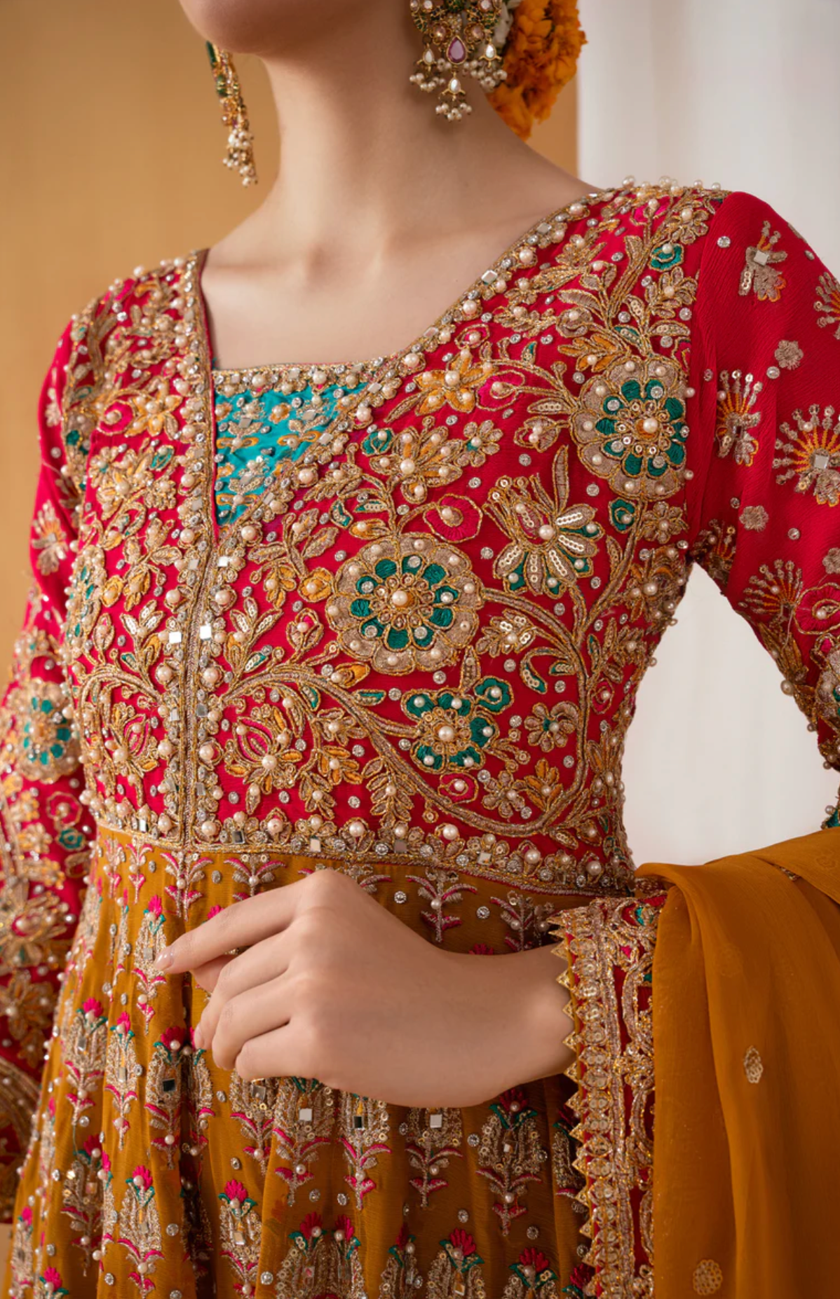 Shocking Pink and Orange Long Dress 4pc suit