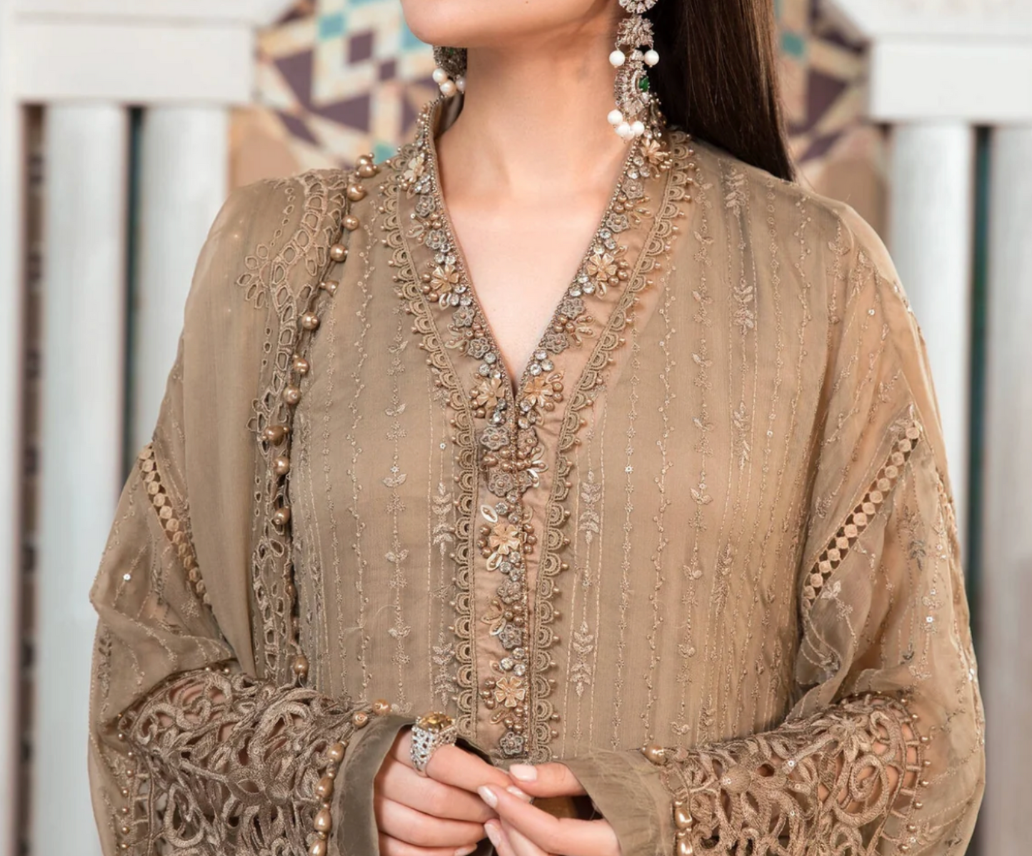 Coffee color/Embroidered Pure Chiffon 3 pc suit