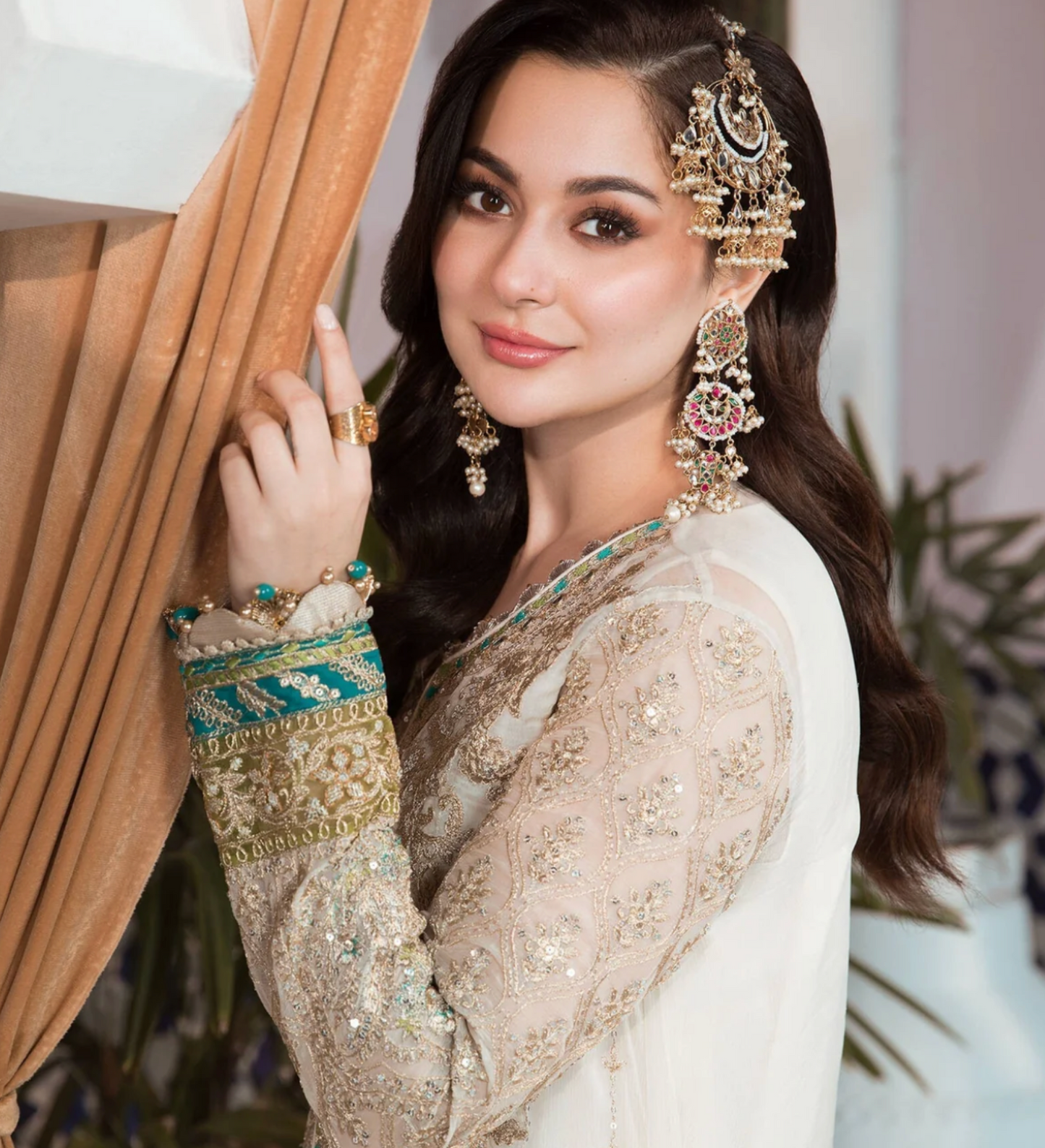 Cream Embroidered Pure Chiffon 3 pc suit with tie & dye dupatta