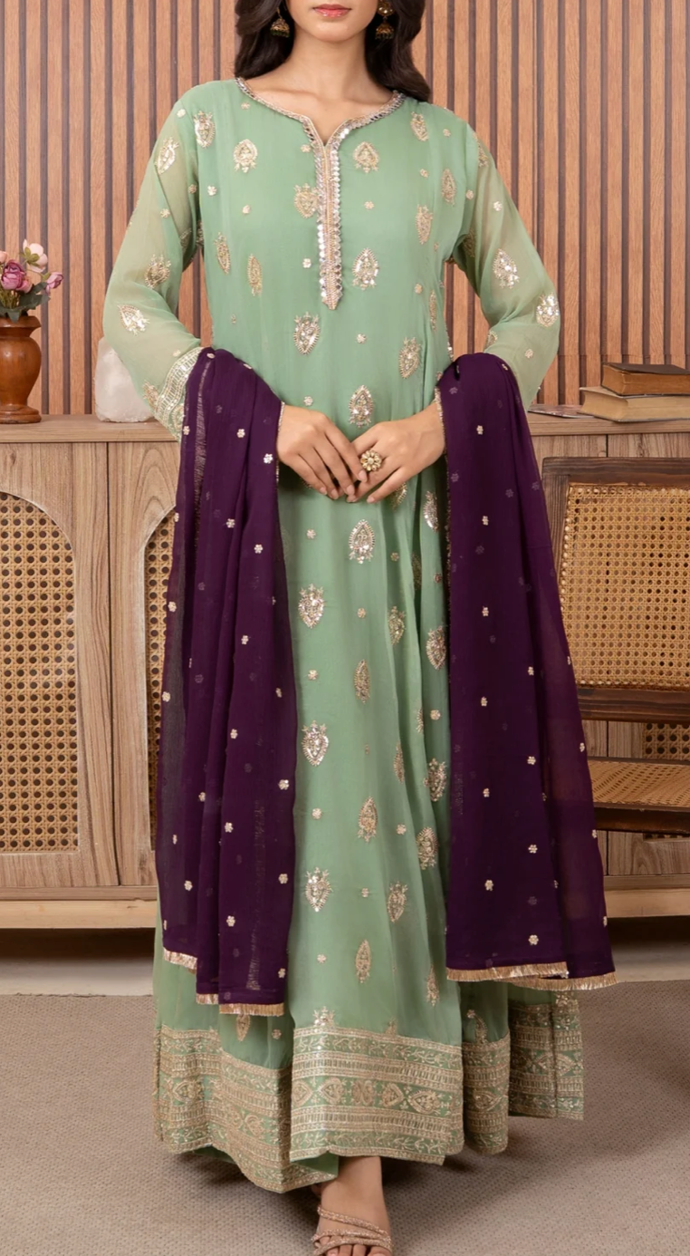 Traditional  Embroidered long 3 pc suit in three colors