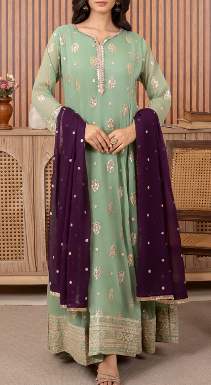 Traditional  Embroidered long 3 pc suit in three colors