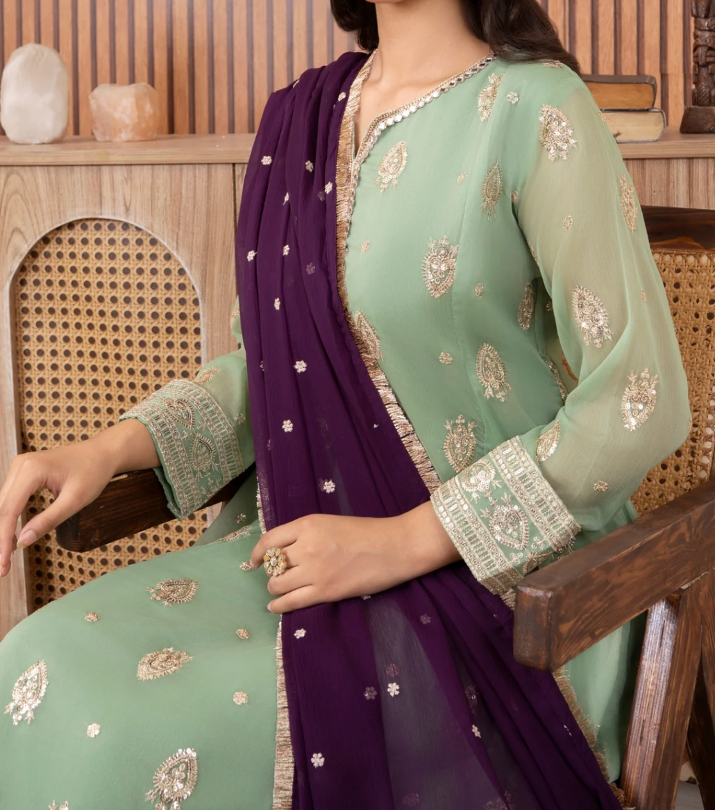 Traditional  Embroidered long 3 pc suit in three colors