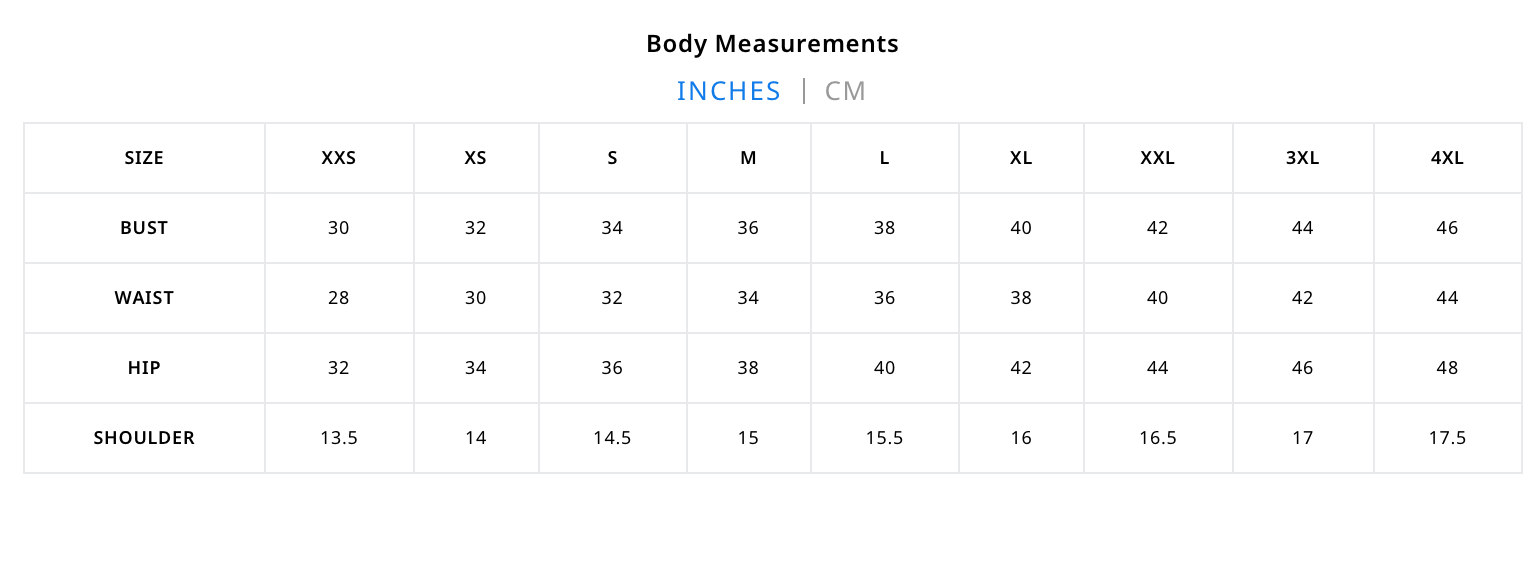 Body measurements chart in inches and centimeters with size labels.