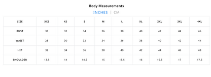 Body measurements chart in inches and centimeters with size labels.