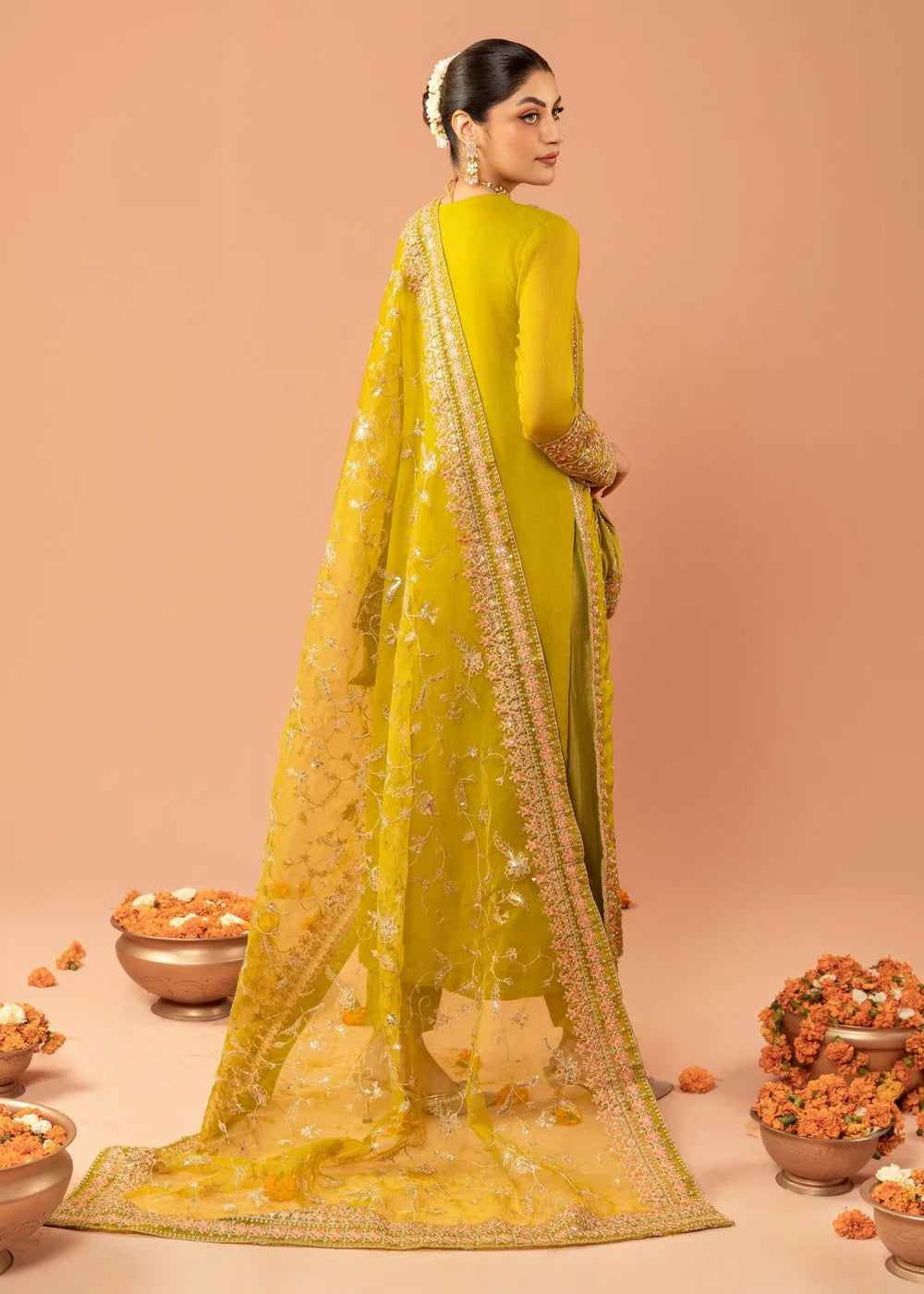 Chiffon Olive Green 3 pcs long kurta with trousers & Dupatta
