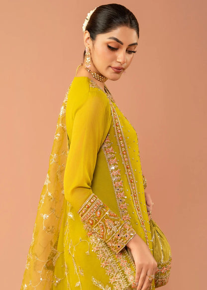 Chiffon Olive Green 3 pcs long kurta with trousers & Dupatta