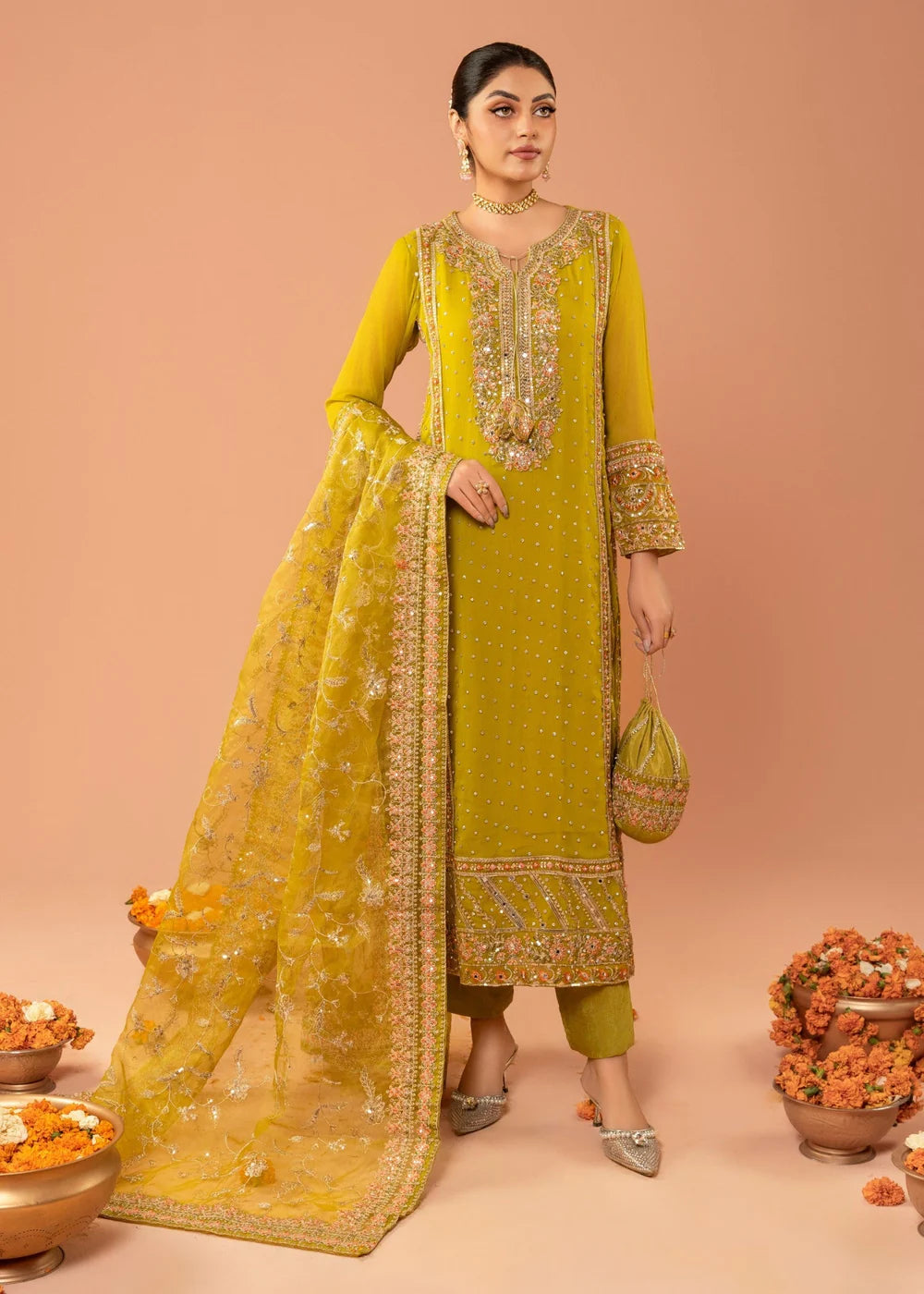 Chiffon Olive Green 3 pcs long kurta with trousers & Dupatta