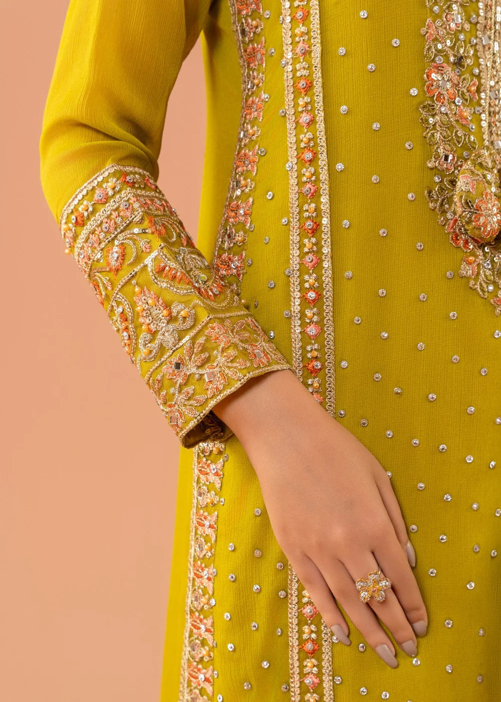 Chiffon Olive Green 3 pcs long kurta with trousers & Dupatta