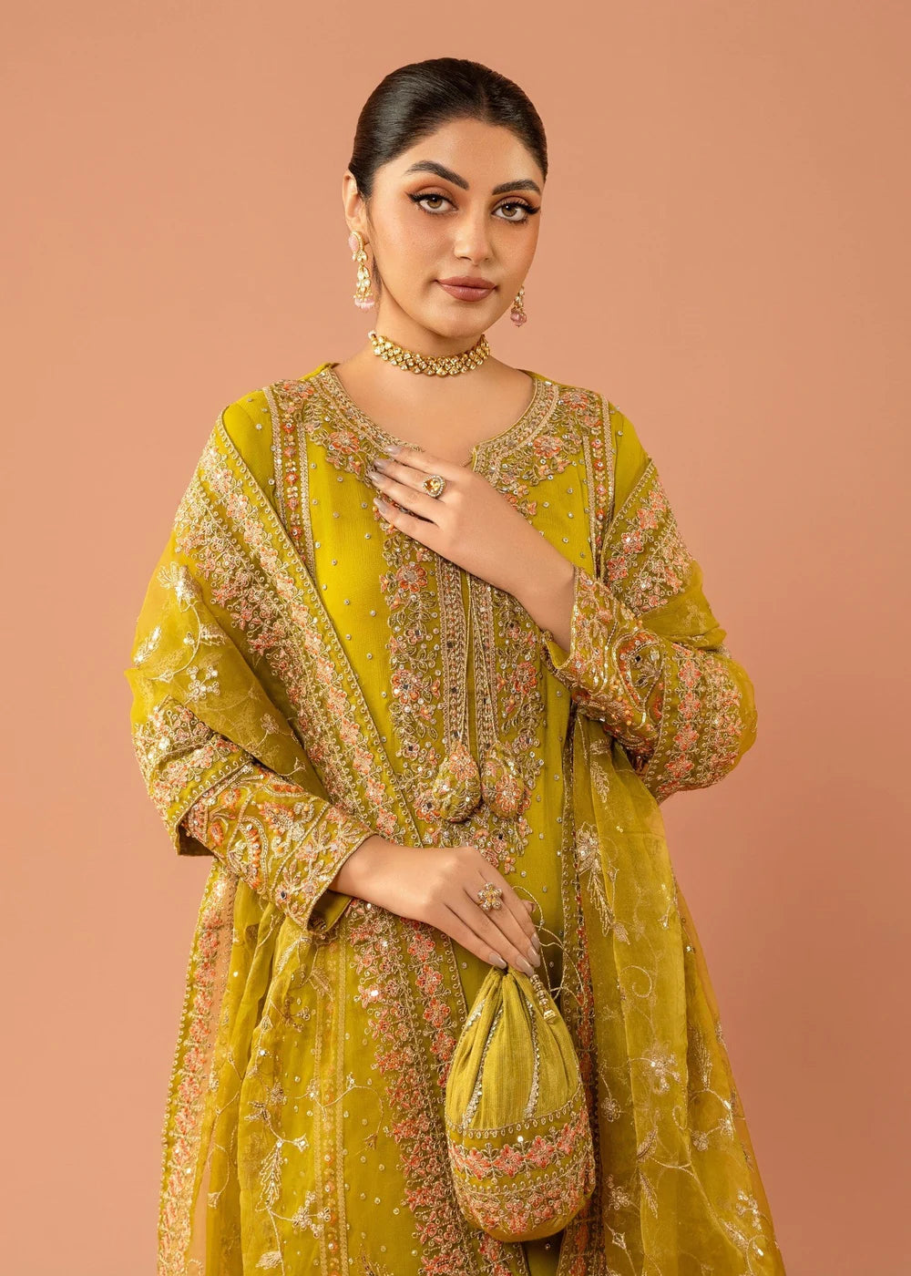 Chiffon Olive Green 3 pcs long kurta with trousers & Dupatta