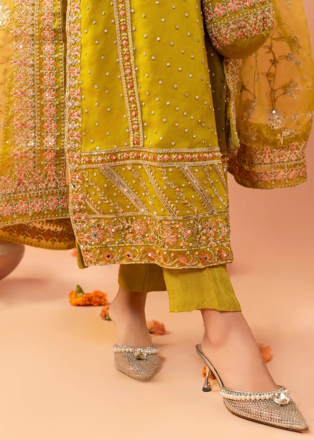 Chiffon Olive Green 3 pcs long kurta with trousers & Dupatta