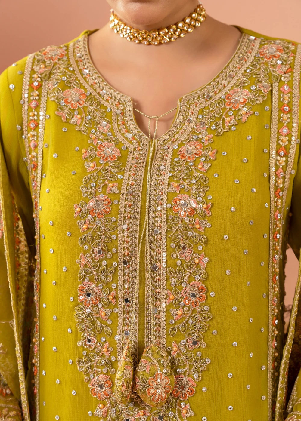Chiffon Olive Green 3 pcs long kurta with trousers & Dupatta
