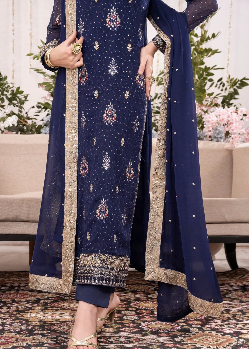 Chiffon Dark Royal Blue 3 pcs long kurta with trousers & Dupatta