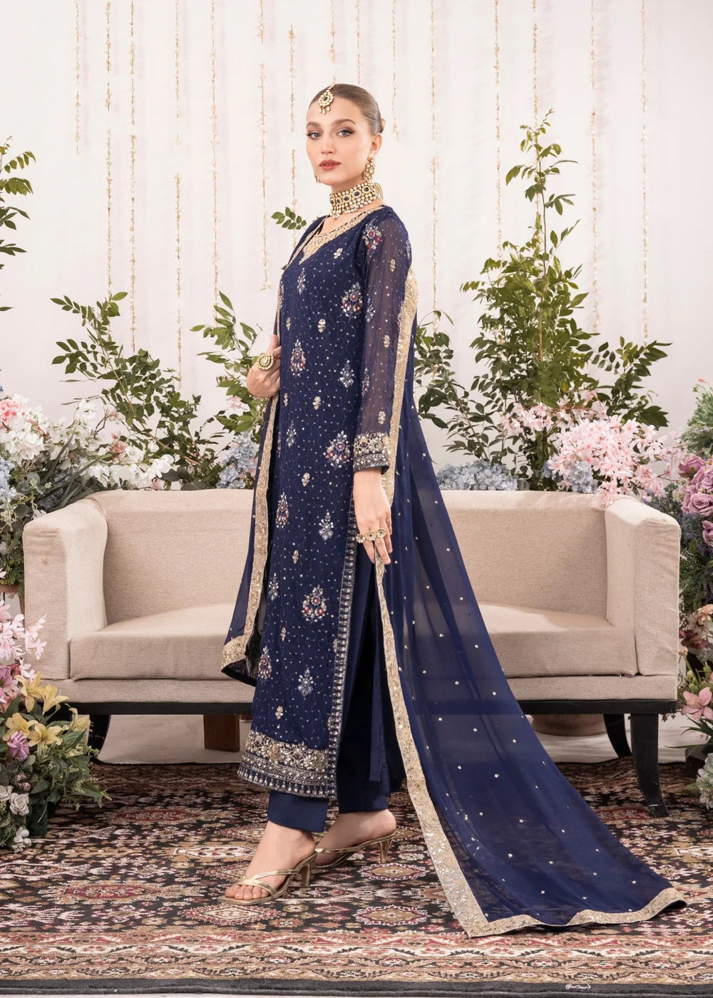 Chiffon Dark Royal Blue 3 pcs long kurta with trousers & Dupatta