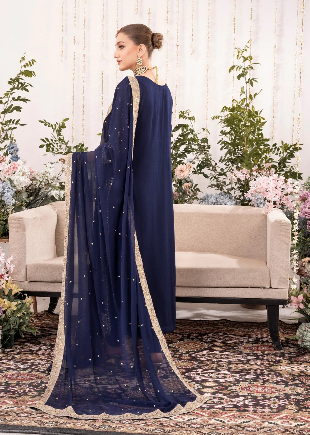 Chiffon Dark Royal Blue 3 pcs long kurta with trousers & Dupatta