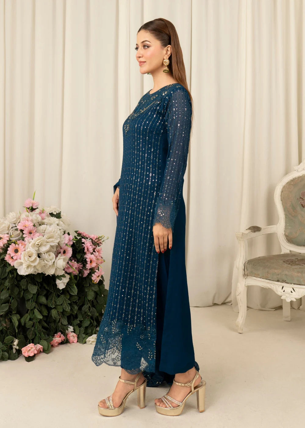 Chiffon Teal 3 pcs long kurta with trousers & Dupatta