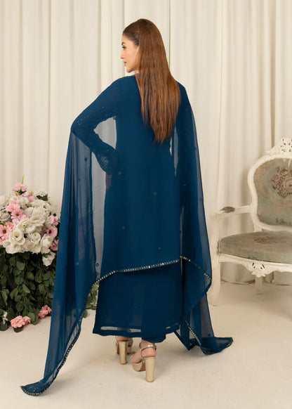 Chiffon Teal 3 pcs long kurta with trousers & Dupatta