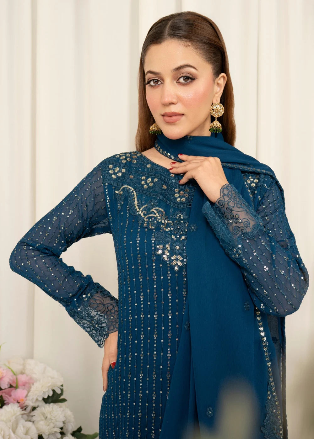 Chiffon Teal 3 pcs long kurta with trousers & Dupatta